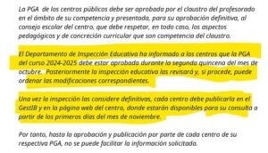 Departamento de Inspección Educativa ha informado a los centros que la PGA del curso 2024-2025 debe estar aprobada durante la segunda quincena del mes de octubre