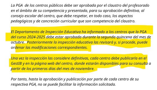 Departamento de Inspección Educativa ha informado a los centros que la PGA del curso 2024-2025 debe estar aprobada durante la segunda quincena del mes de octubre