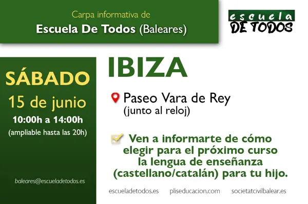 Carpa informativa de Escuela de Todos Baleares en Ibiza para el sábado 15 de junio de 2024