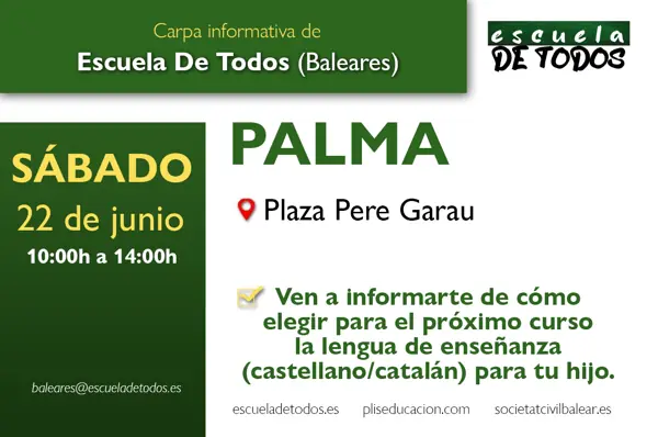 Carpa informativa de Escuela de Todos Baleares en Palma para el sábado 22 de junio de 2024